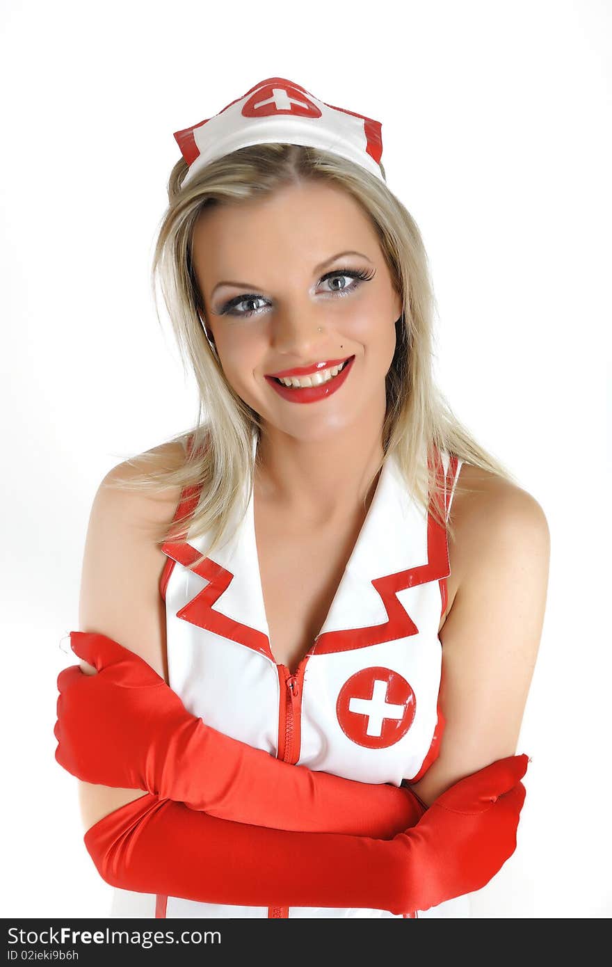 Young beautiful doctor in uniform . white background. Young beautiful doctor in uniform . white background