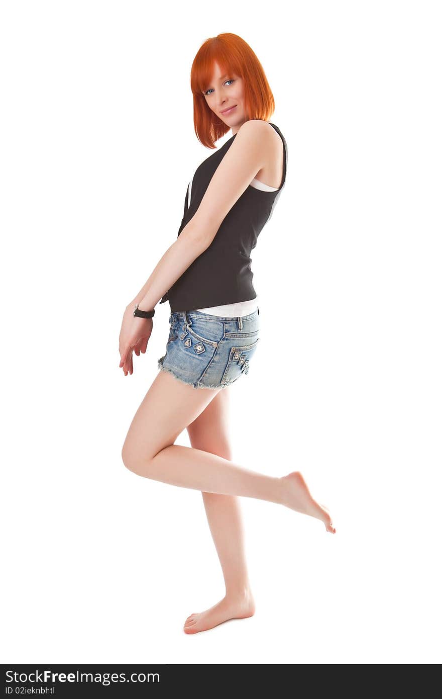 Beautiful red girl isolated on a white background. Beautiful red girl isolated on a white background