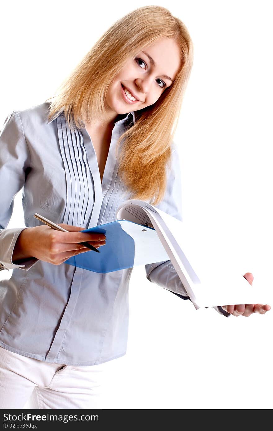 Business woman in a suit with clipboard on a white background