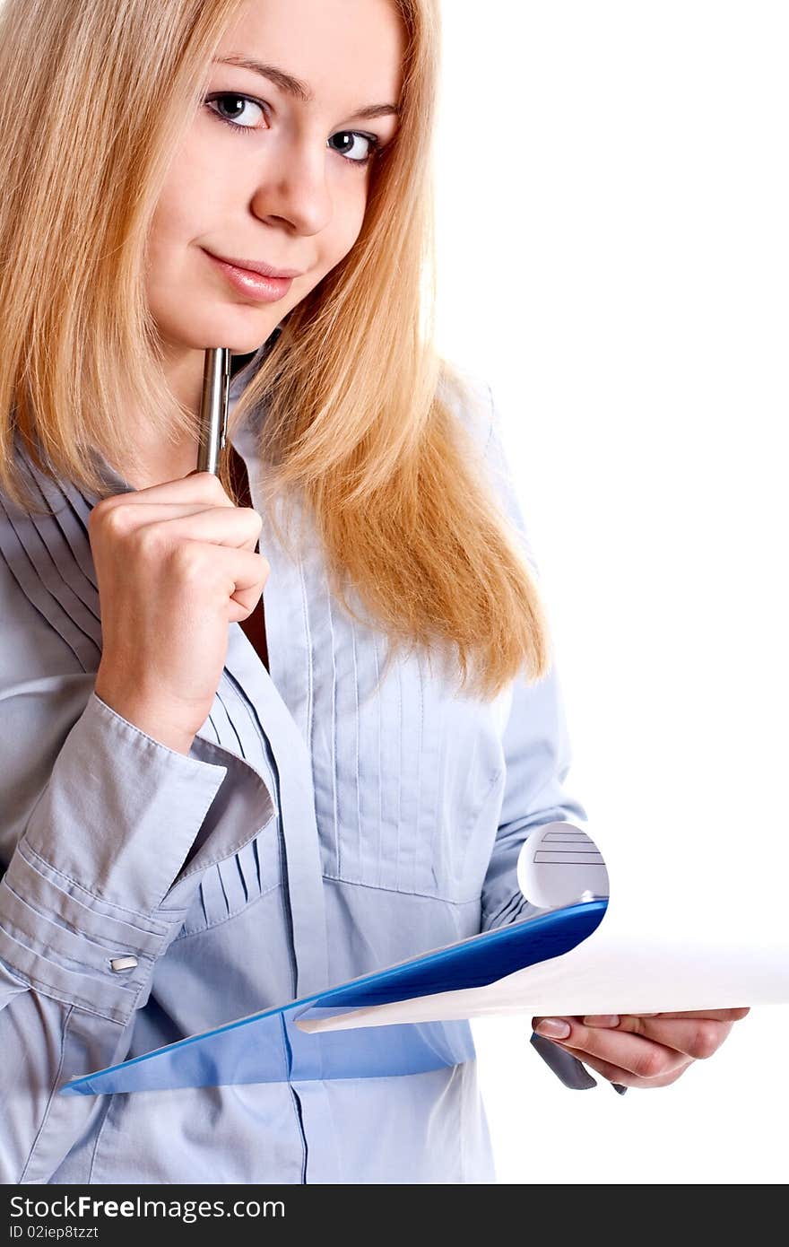 Business woman in a suit with clipboard on a white background