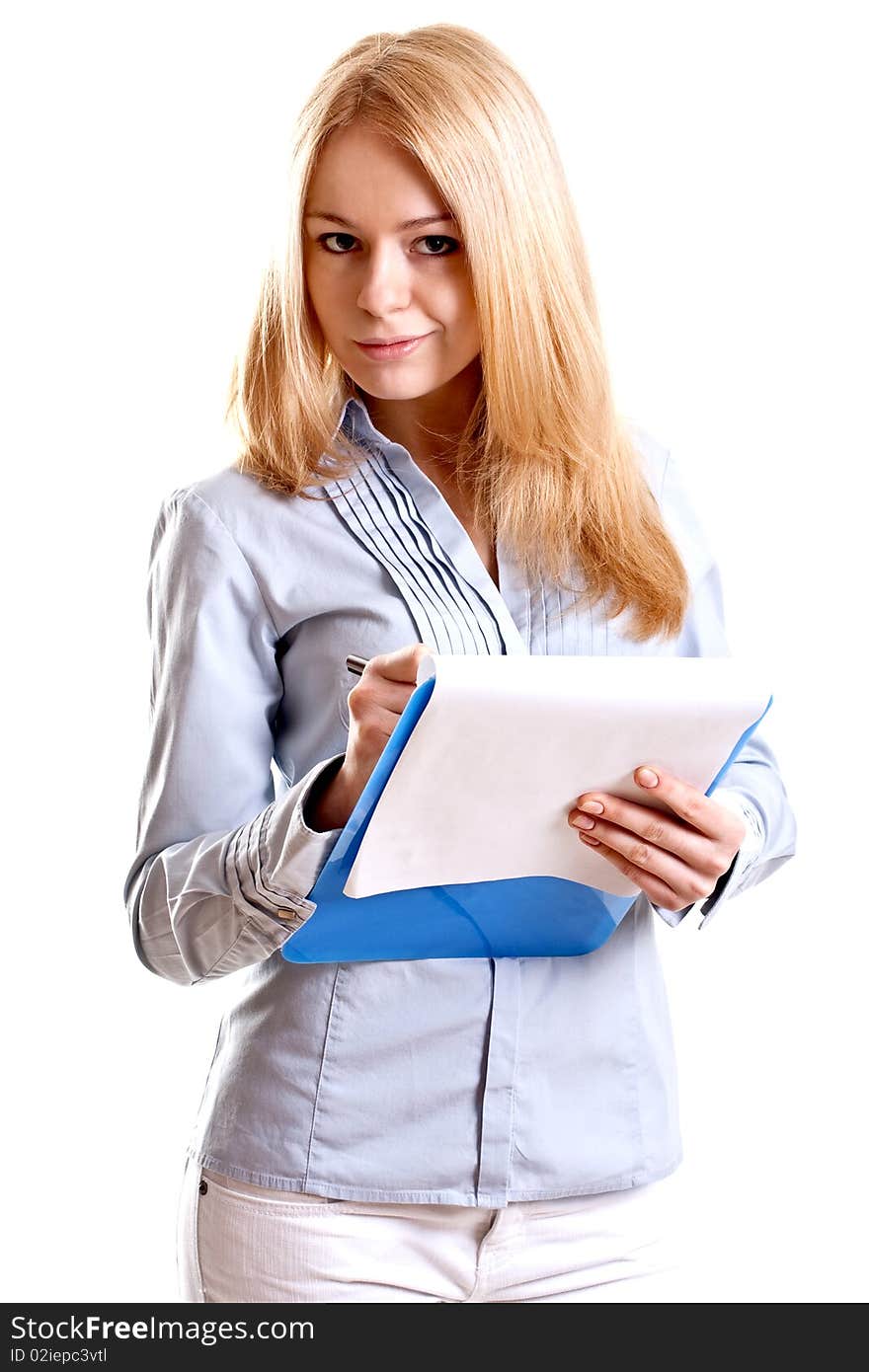 Business woman in a suit with clipboard on a white background