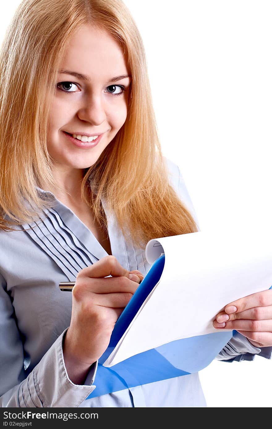 Business woman in a suit with clipboard on a white background