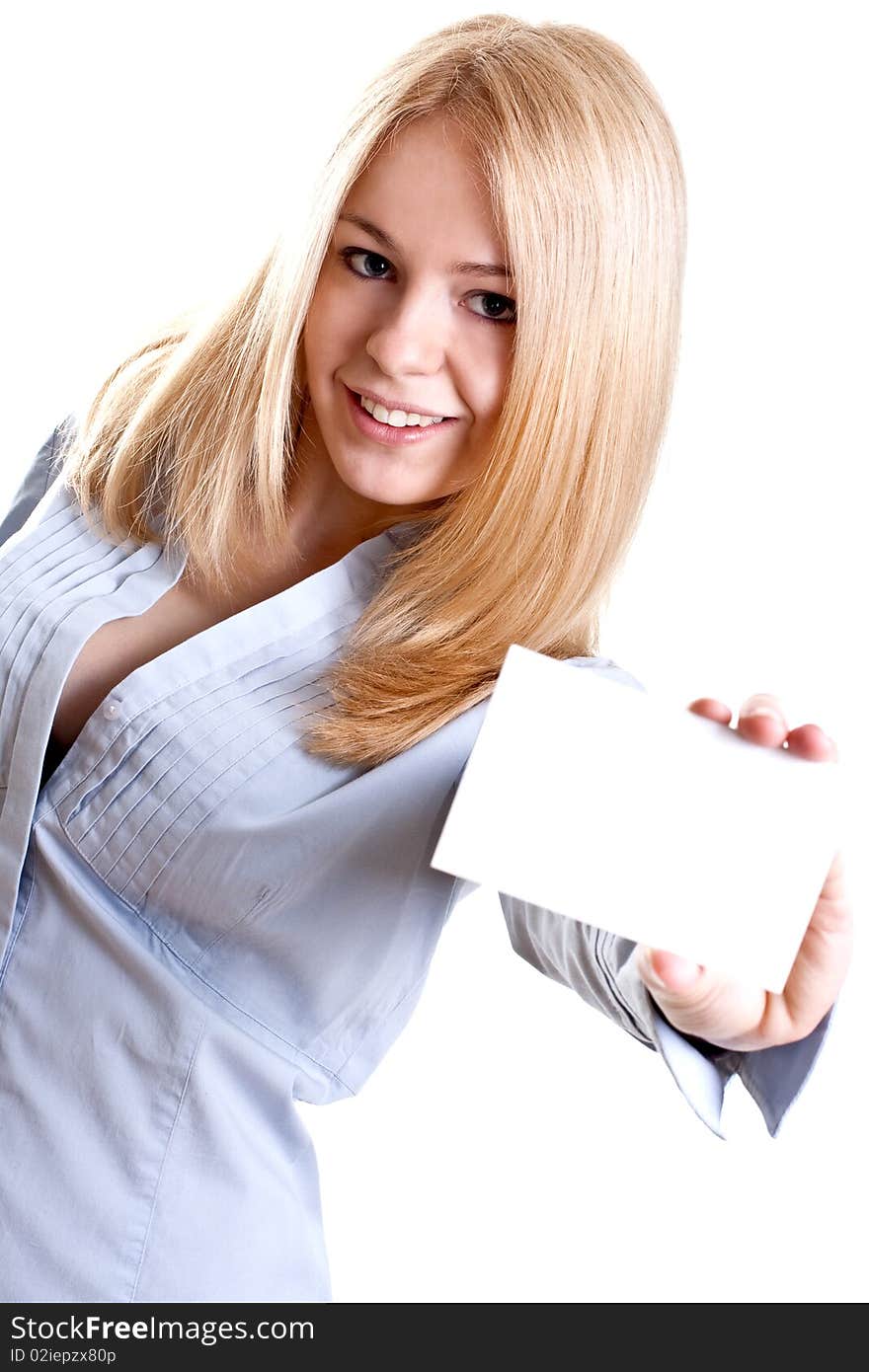 Young business woman with business card on a white background