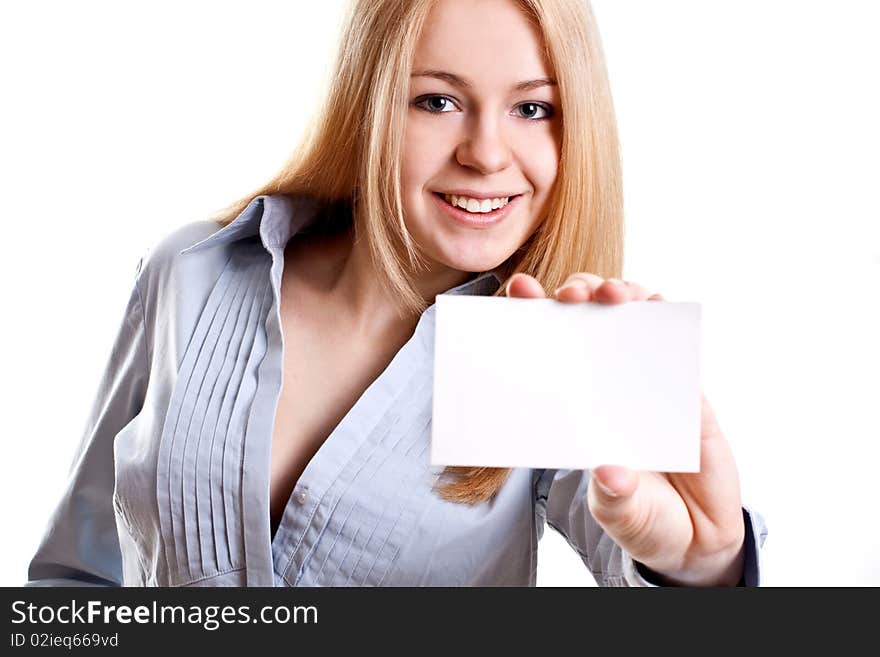 Young business woman with business card on a white background