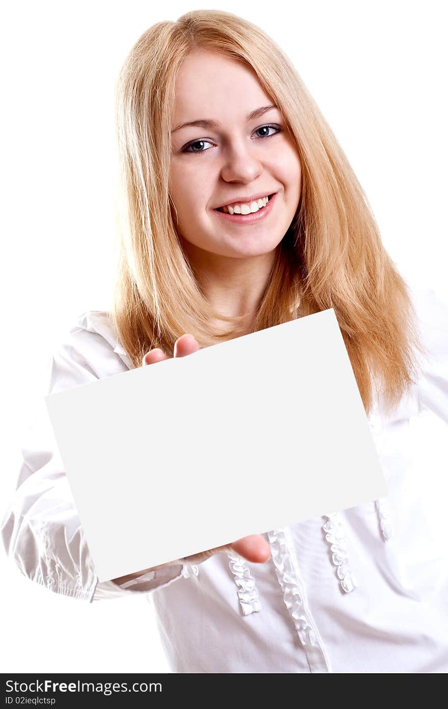 Young business woman with business card on a white background