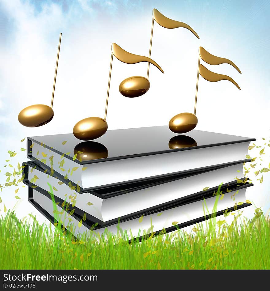 Black books about musical symphony notes 3d illustration