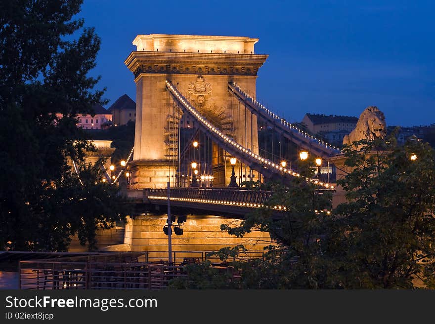 Beautiful Budapest, Chain Bridge illuminated.