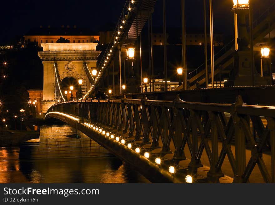 Beautiful Budapest, Chain Bridge illuminated.