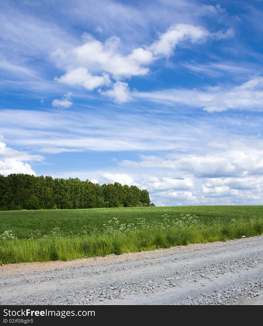 Summer scenery with road, field, forest and clouds. Summer scenery with road, field, forest and clouds.