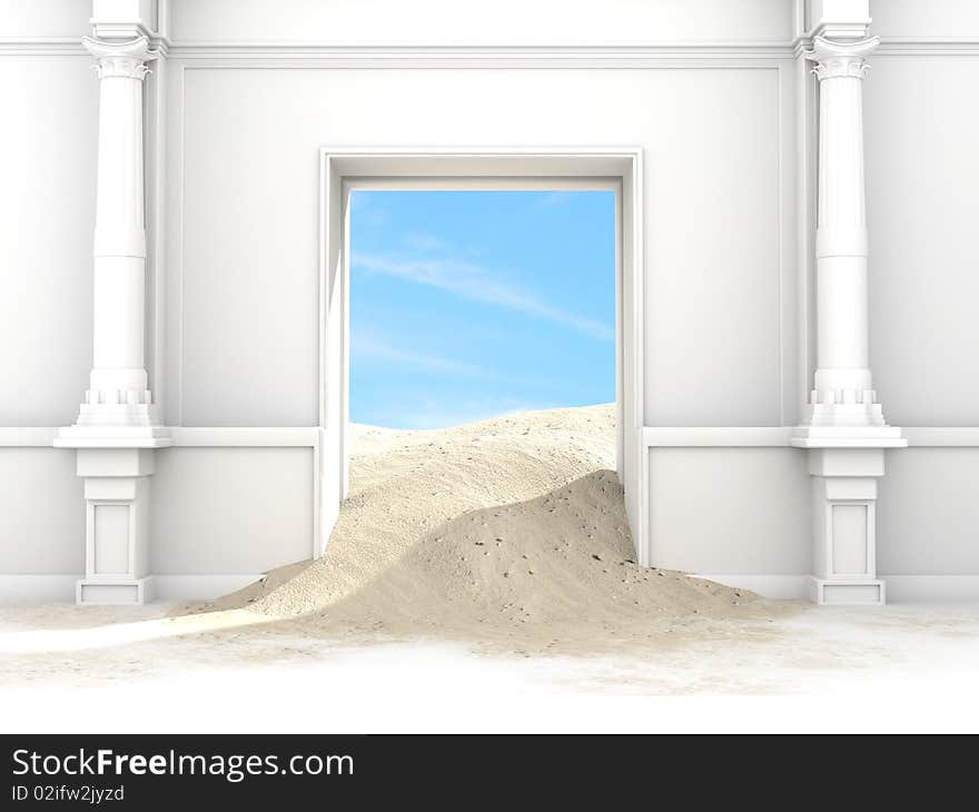 White room with portal to the desert. White room with portal to the desert