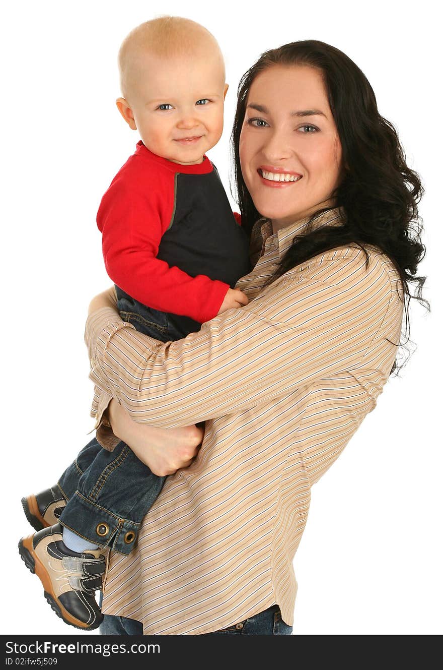 Happy mother with little son on white background