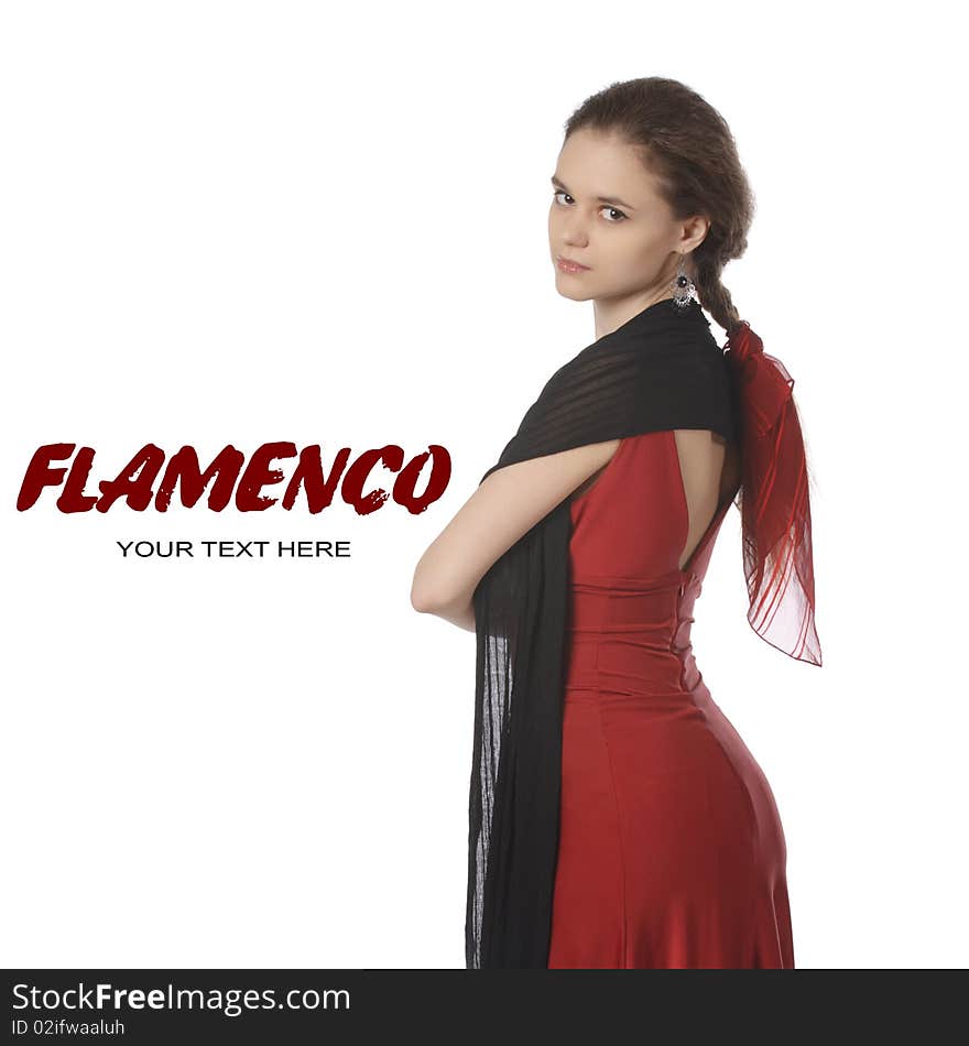 Young Spanish flamenco performer in a gorgeous red dress. isolated on white. Young Spanish flamenco performer in a gorgeous red dress. isolated on white