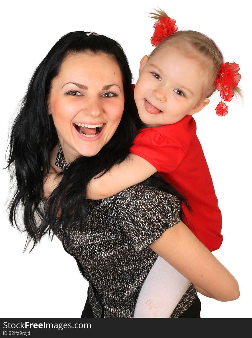 Happy mother with little daughter on white background