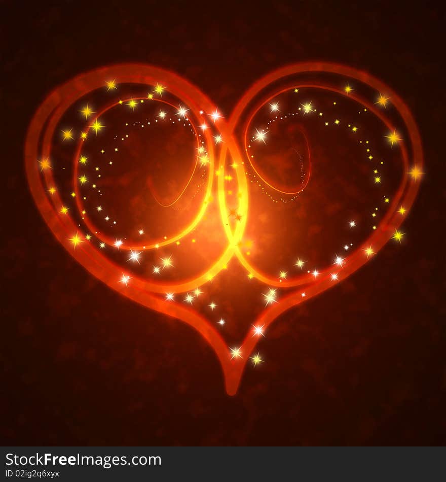 Burning heart with sparkles on a dark background