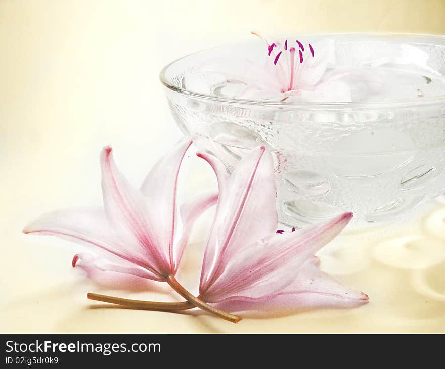 Water for spa with lily petals