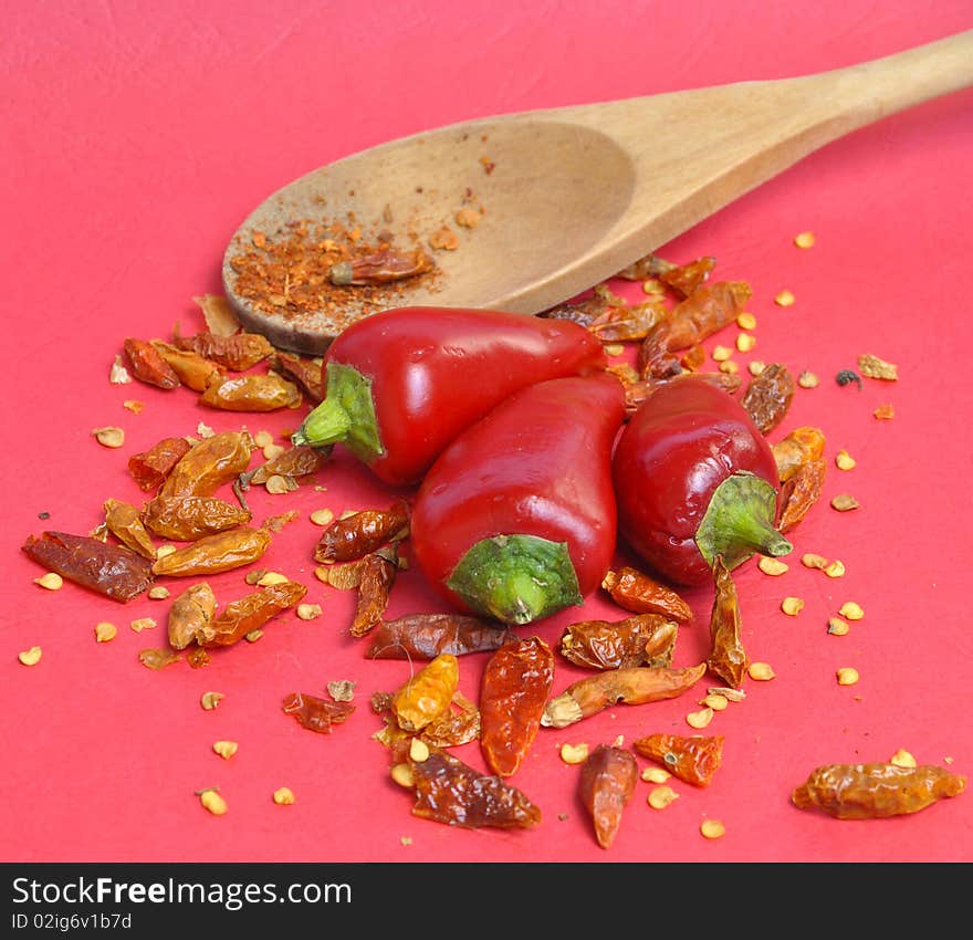 Assorted Chillies on red background