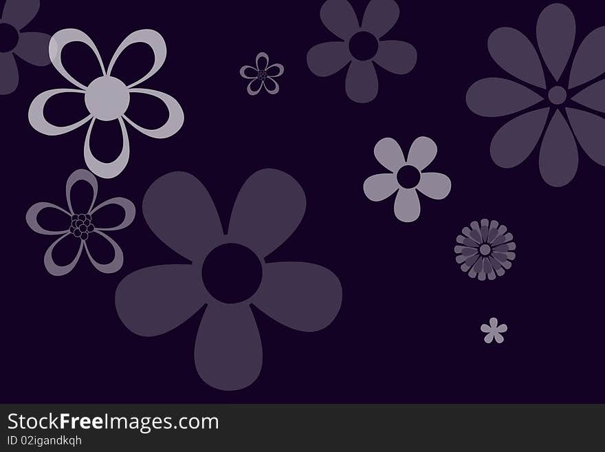 Flowers of different sizes on a purple background, illustration. Flowers of different sizes on a purple background, illustration