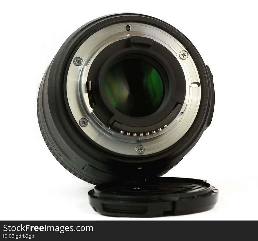 A 35mm prime dslr lens in detail isolated on white background rear view. A 35mm prime dslr lens in detail isolated on white background rear view