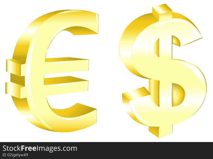 Dollar And Euro Signs, Isolated On White. Dollar And Euro Signs, Isolated On White