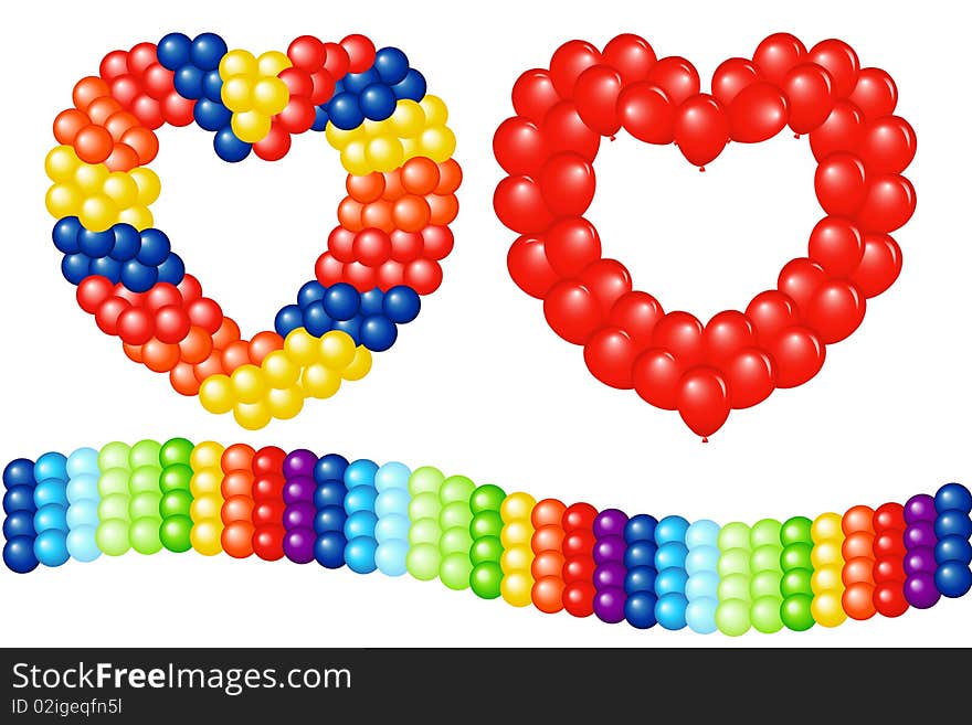 3 Garlands Of Balloons (Heart Shape and Stripe), Isolated On White. 3 Garlands Of Balloons (Heart Shape and Stripe), Isolated On White