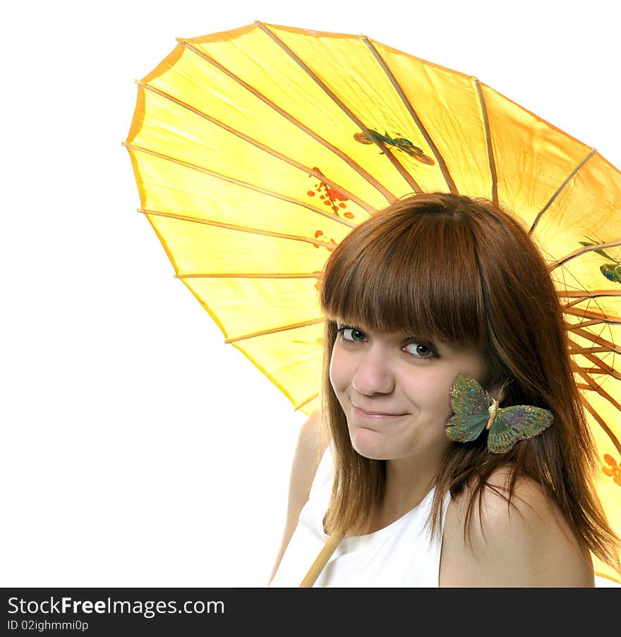 Portrait of a  smiling young   girl  with umbrella