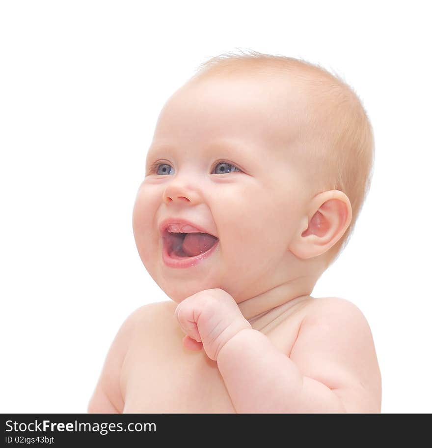 The small girl looking upwards on a white background. The small girl looking upwards on a white background