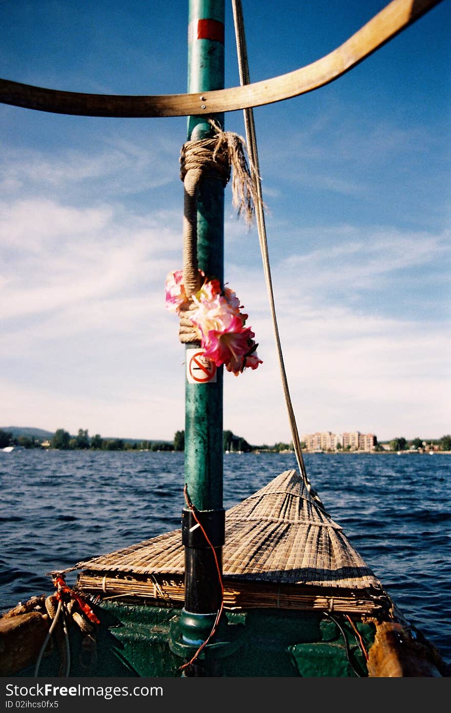 Inside an outrigger canoe on Lac Memphremagog, Canada