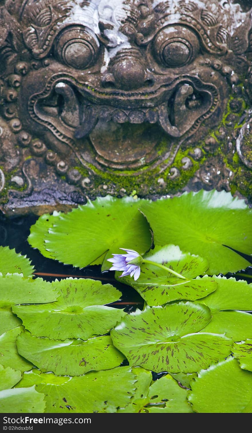 Asian statue of the god and water flowers in the lake