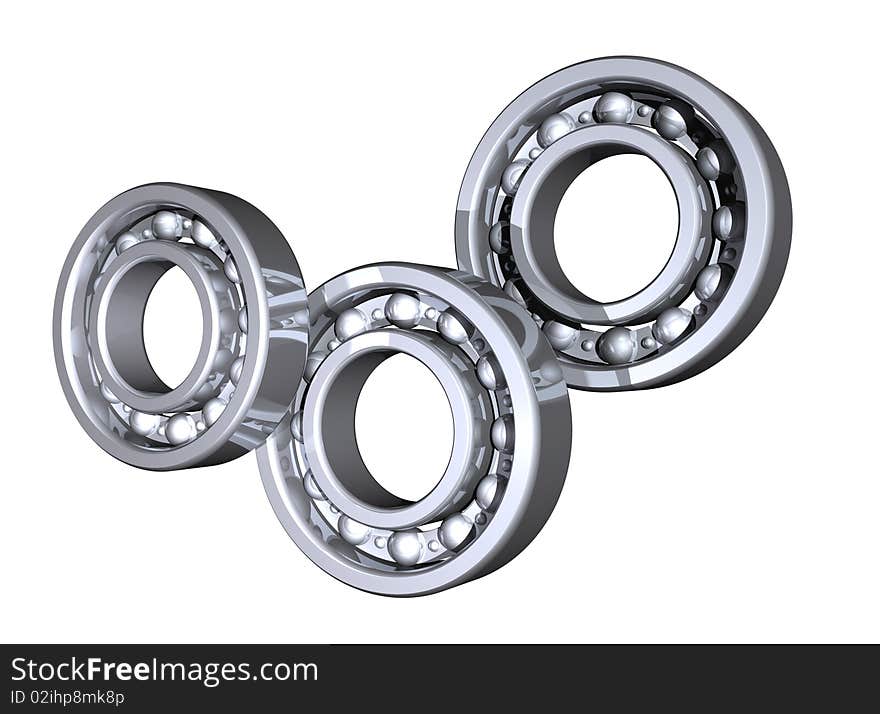 Three solid reflective metal ball bearings on white background. Three solid reflective metal ball bearings on white background