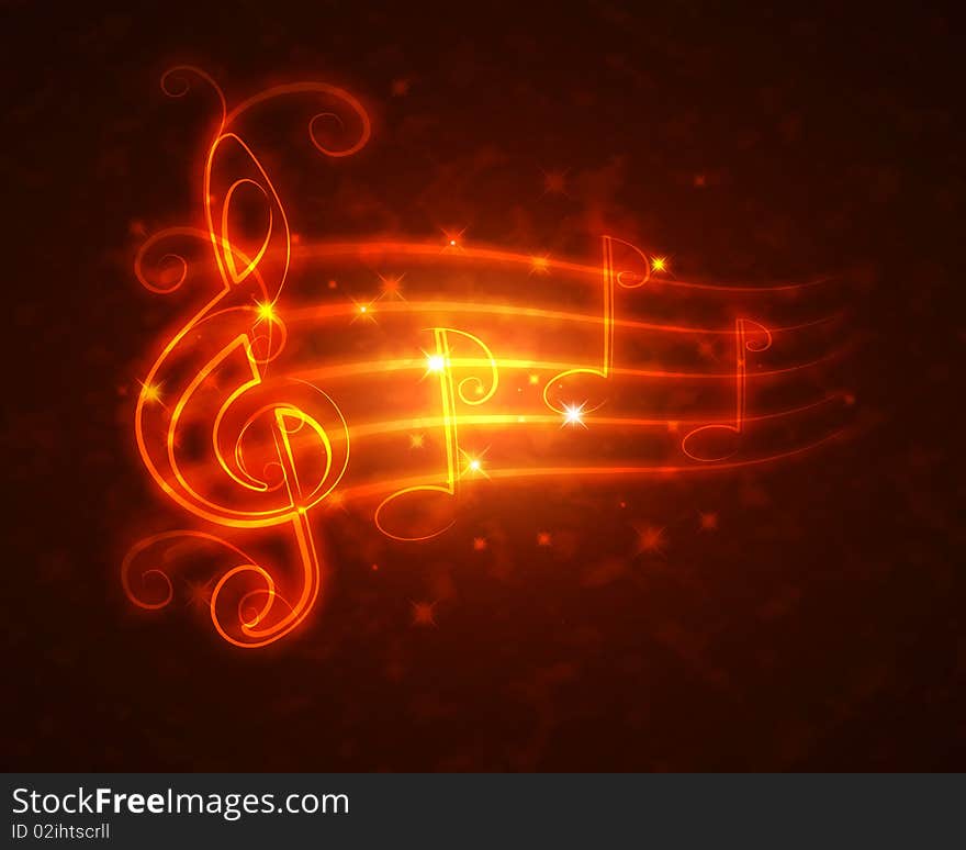 Burning musical symbols and curls on a dark background