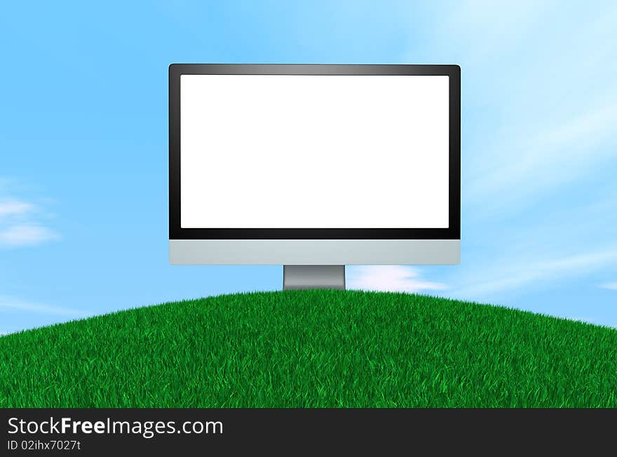 Computer display with white screen on a green hill and sky background