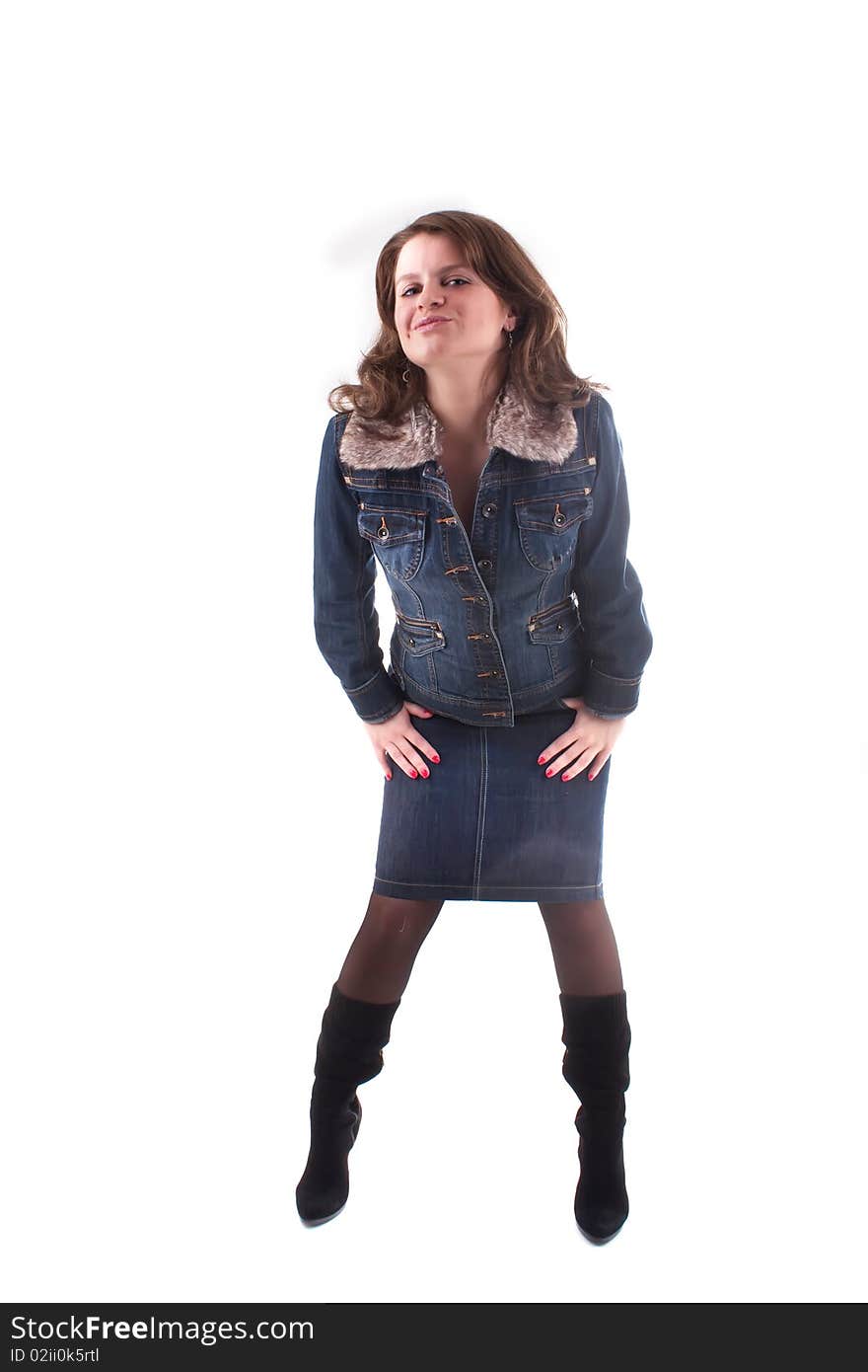 Happy beautiful woman posing in studio on a white background