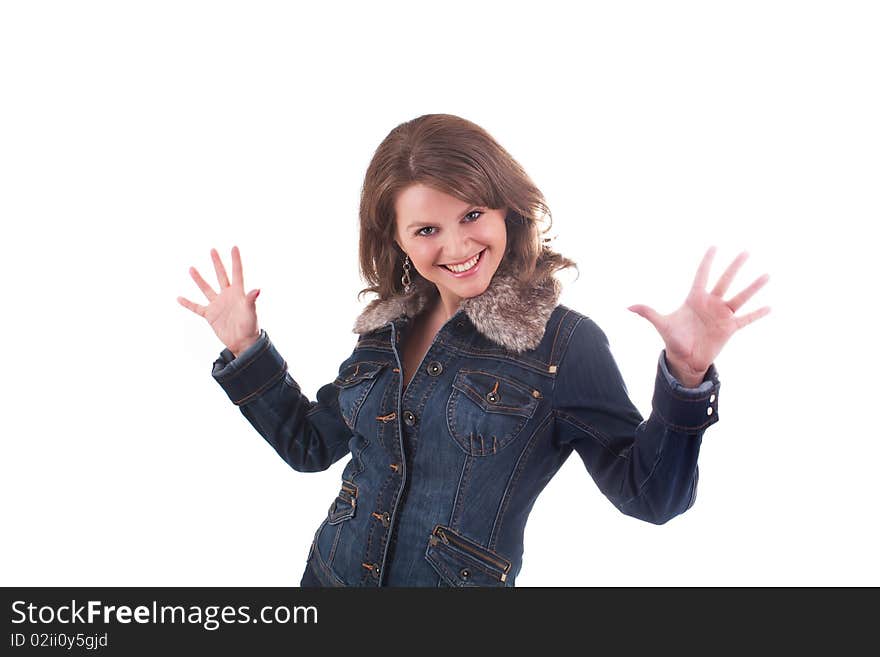 Happy beautiful woman posing in studio on a white background. Happy beautiful woman posing in studio on a white background