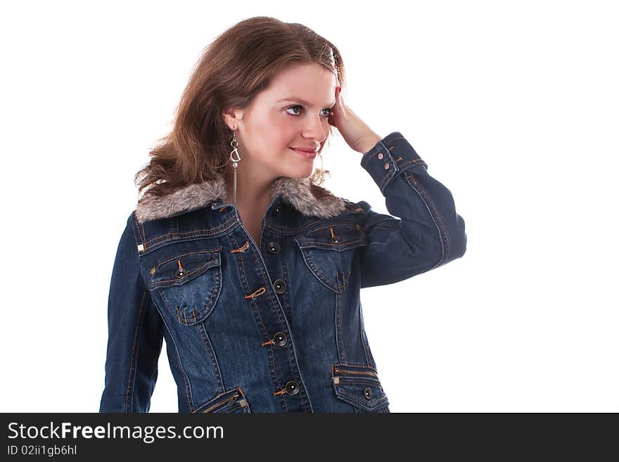 Pretty woman with a hand on her head in studio on a white background. Pretty woman with a hand on her head in studio on a white background