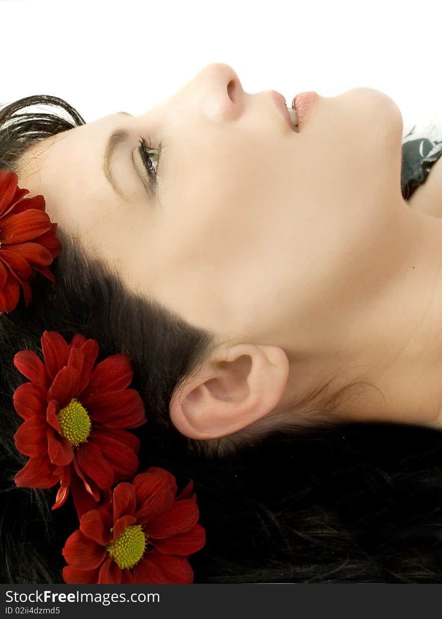 Portrait of woman with red daisies in her hair. Portrait of woman with red daisies in her hair.