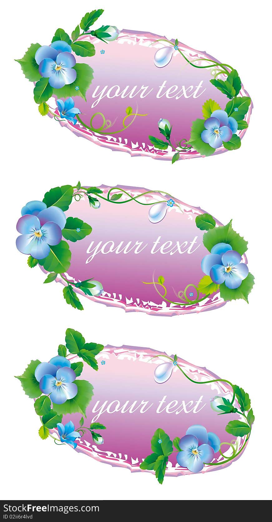 Vignettes for congratulations with children's birhday, designed with blue pansy flowers. Vignettes for congratulations with children's birhday, designed with blue pansy flowers