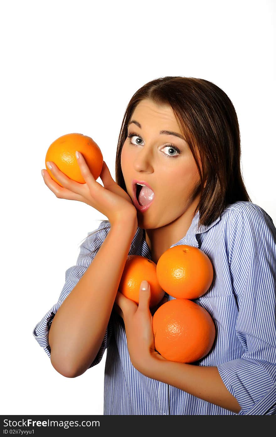 Young beautiful woman with citrus orange fruit having fun. isolated on white background