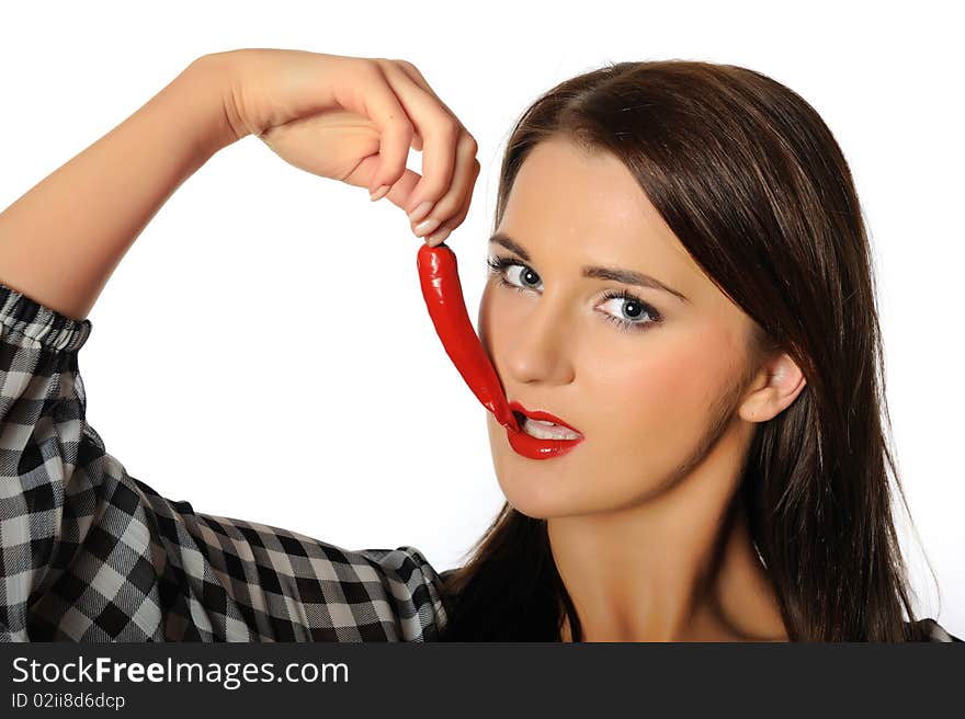 Beautiful woman with red hot chilli pepper. isolated on white background. Beautiful woman with red hot chilli pepper. isolated on white background