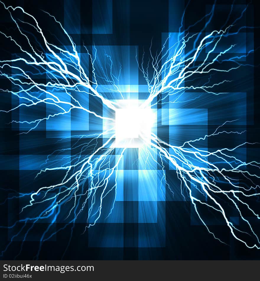 Abstract blue squares on a dark background with a flash of lightning