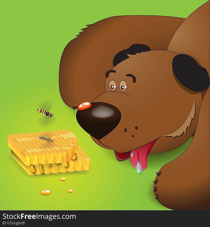 Illustration, brown bear looks at honey and bee