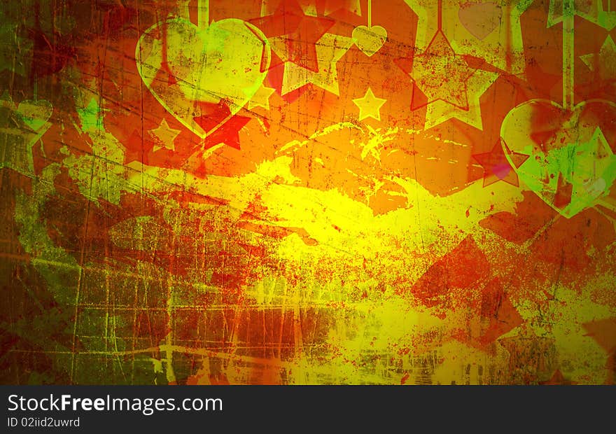 Abstract hearts and stars on the grunge background