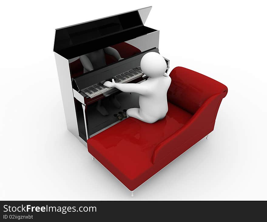 Man made in 3d that play piano sit on a red sofa. Man made in 3d that play piano sit on a red sofa