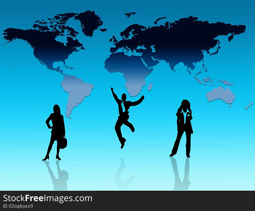 Group of business people in blue background map world and continents behind them