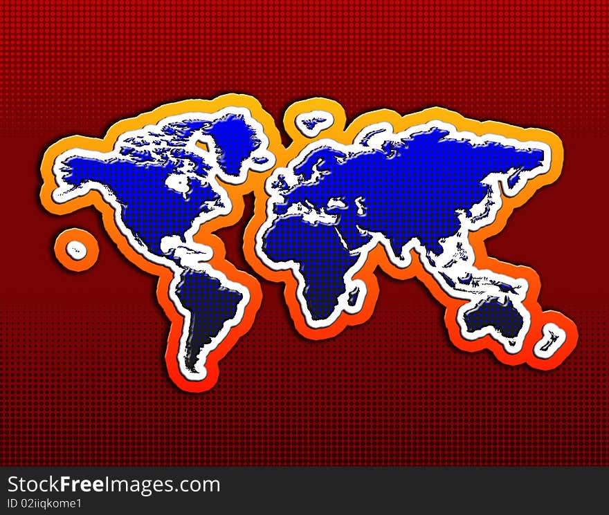 Continents depicted on a red background with round elements continents are orange, white and blue with added shadows and curved forms. Continents depicted on a red background with round elements continents are orange, white and blue with added shadows and curved forms