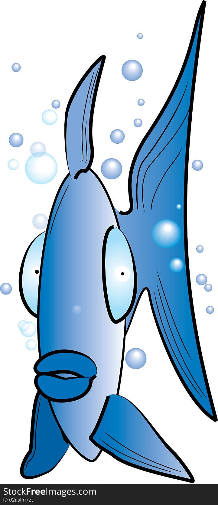 A funny blue fish between several bubbles on white background