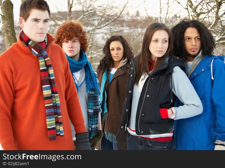 Group Of Teenage Friends Having Fun In Snowy Landscape Wearing Ski Clothing