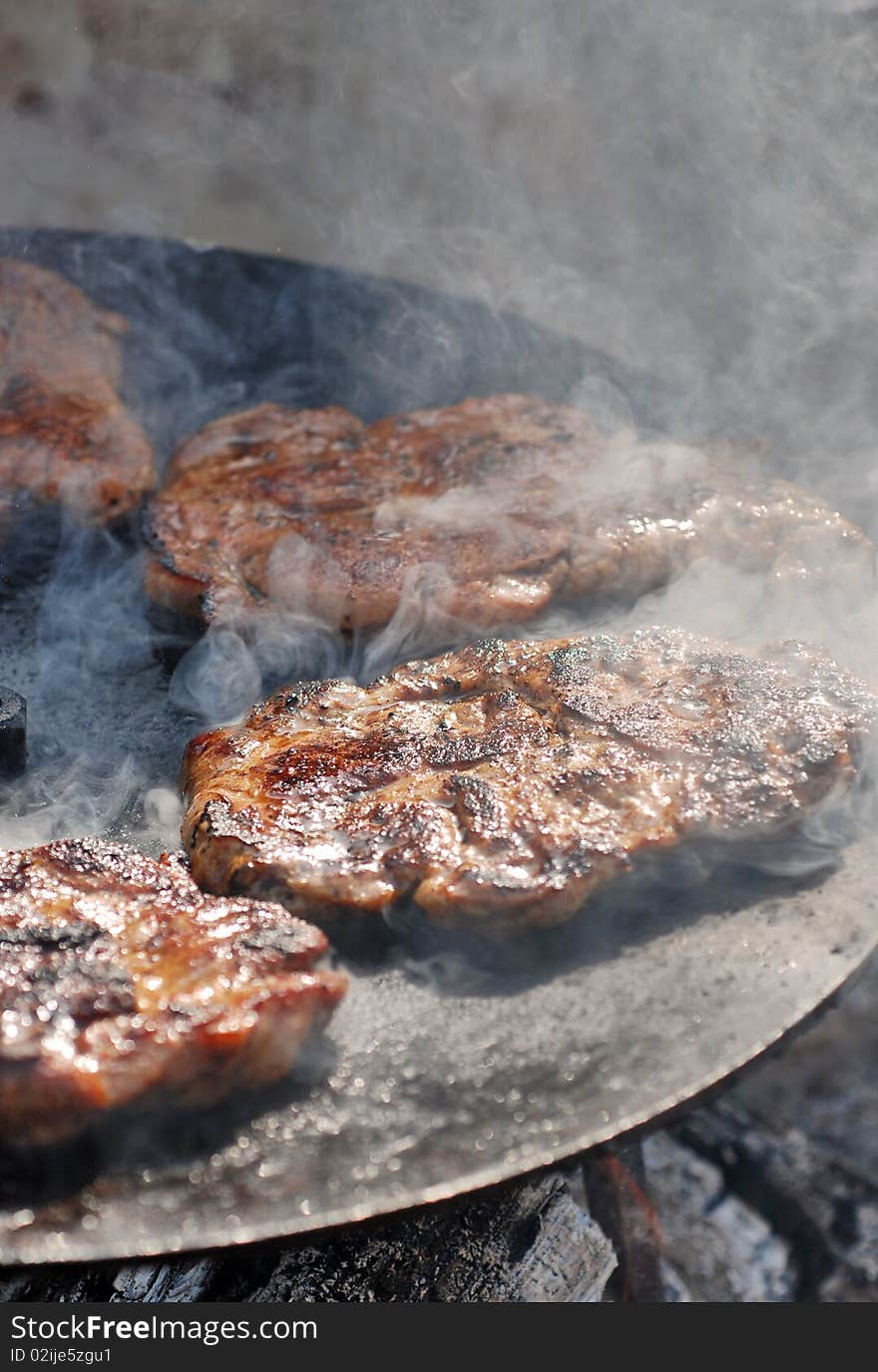 Meat on the barbecue at picnic