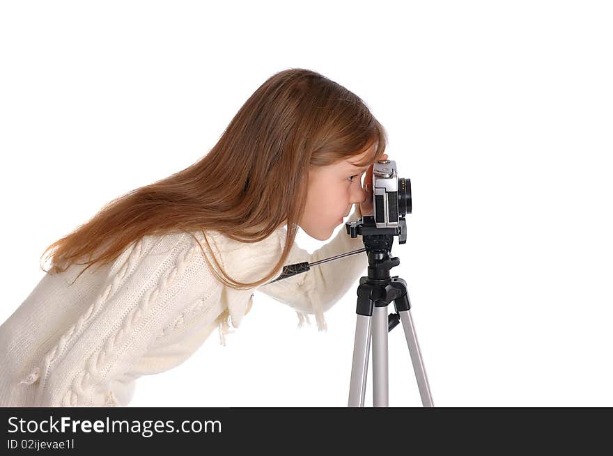 The girl with the camera isolated on white background. The girl with the camera isolated on white background