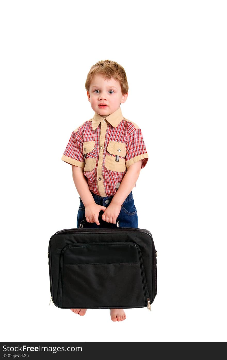 The little boy with a case on white background