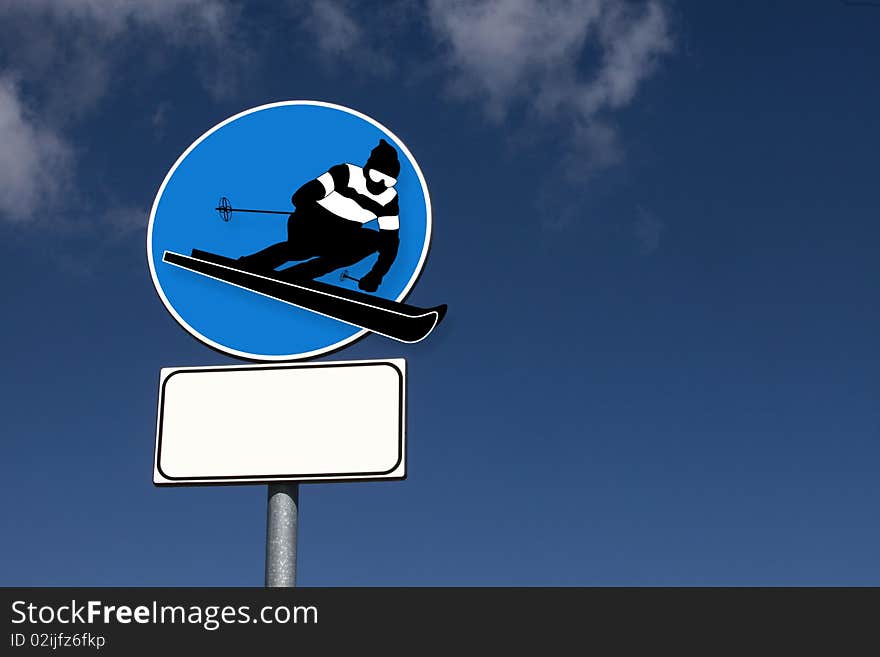 Road sign with skier in the sky